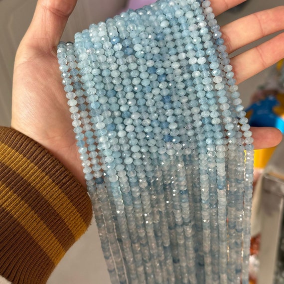 GEM-Inside 2mm Natural Blue Aquamarine Faceted Spacer Beads - 15 Inch Strand (190-200 Beads)