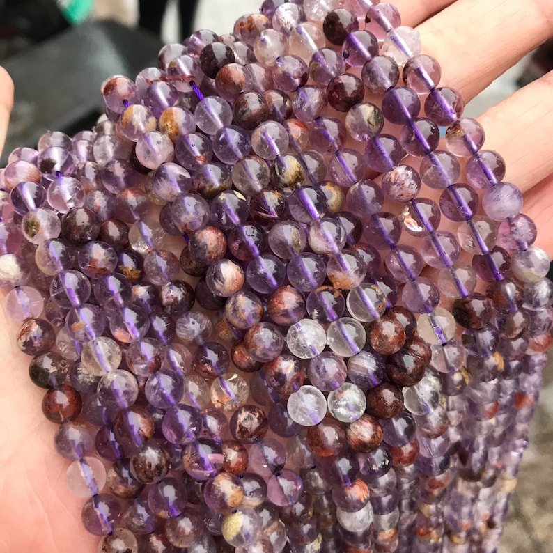 1 Full Strand 15 Genuine Natural Loose Round Healing Stone Smooth Super Seven Amethyst Cacoxinite Purple Phantom Gemstone Beads 6/8/10/12mm image 2