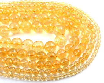 1 Full Strand 15.5" Loose Round Semi Precious Smooth Yellow Citrine Quartz Gemstone Beads for DIY Jewelry Making 4mm 6mm 8mm 10mm 12mm