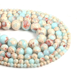 Loose Round Shoushan Stone Smooth Aqua Blue Impression Sea Sediment Terra Jasper Gemstone Beads 4mm 6mm 8mm 10mm 12mm Full Strand 15.5&quot;