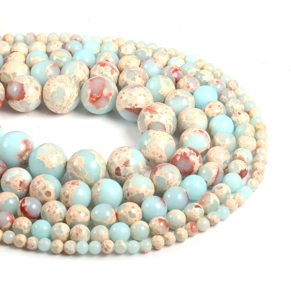 1 Full Strand 15.5" Loose Round Shoushan Stone Smooth Aqua Blue Impression Sea Sediment Terra Jasper Gemstone Beads 4mm 6mm 8mm 10mm 12mm