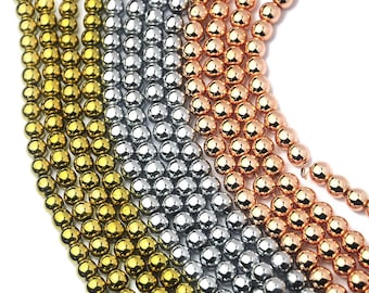 1 Full Strand 15.5" Natural Loose Round Polished Black/Gold/Rose Gold/Silver Metal Color Hematite Gemstone Beads 2mm 3mm 4mm 6mm 8mm 10mm
