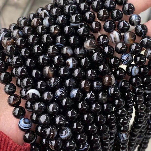 1 Full Strand 15.5" Genuine Natural Loose Round Smooth Black Lace Striped Agate Sardonyx Gemstone Beads 4mm 6mm 8mm 10mm 12mm