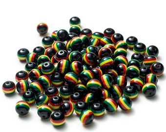 Black Loose Round DIY Spacer Resin Red Yellow Green Striped Jamaica Reggae Rasta Bead for DIY Jewelry Making Accessories Findings 6/8/10mm