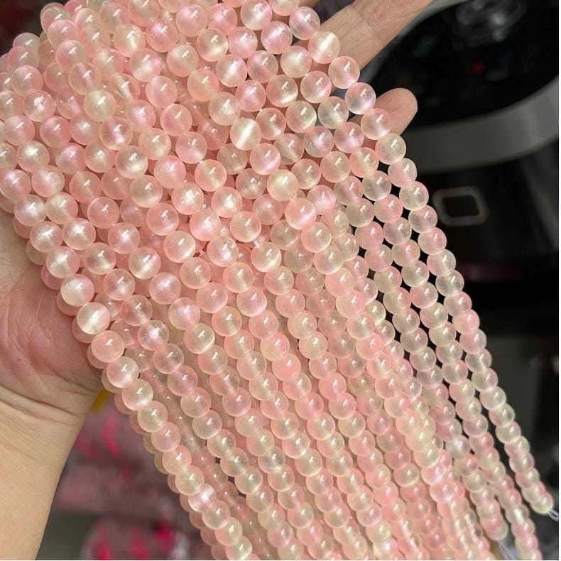 Peach Color Cat Eye Genuine Natural Chatoyancy Selenite Beads, Round ...