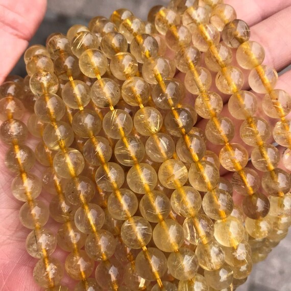 Genuine Natural Loose Round Semi Precious Smooth Gold Rutilated Quartz Gemstone Beads 4mm 6mm 8mm 10mm 12mm Full Strand 15"