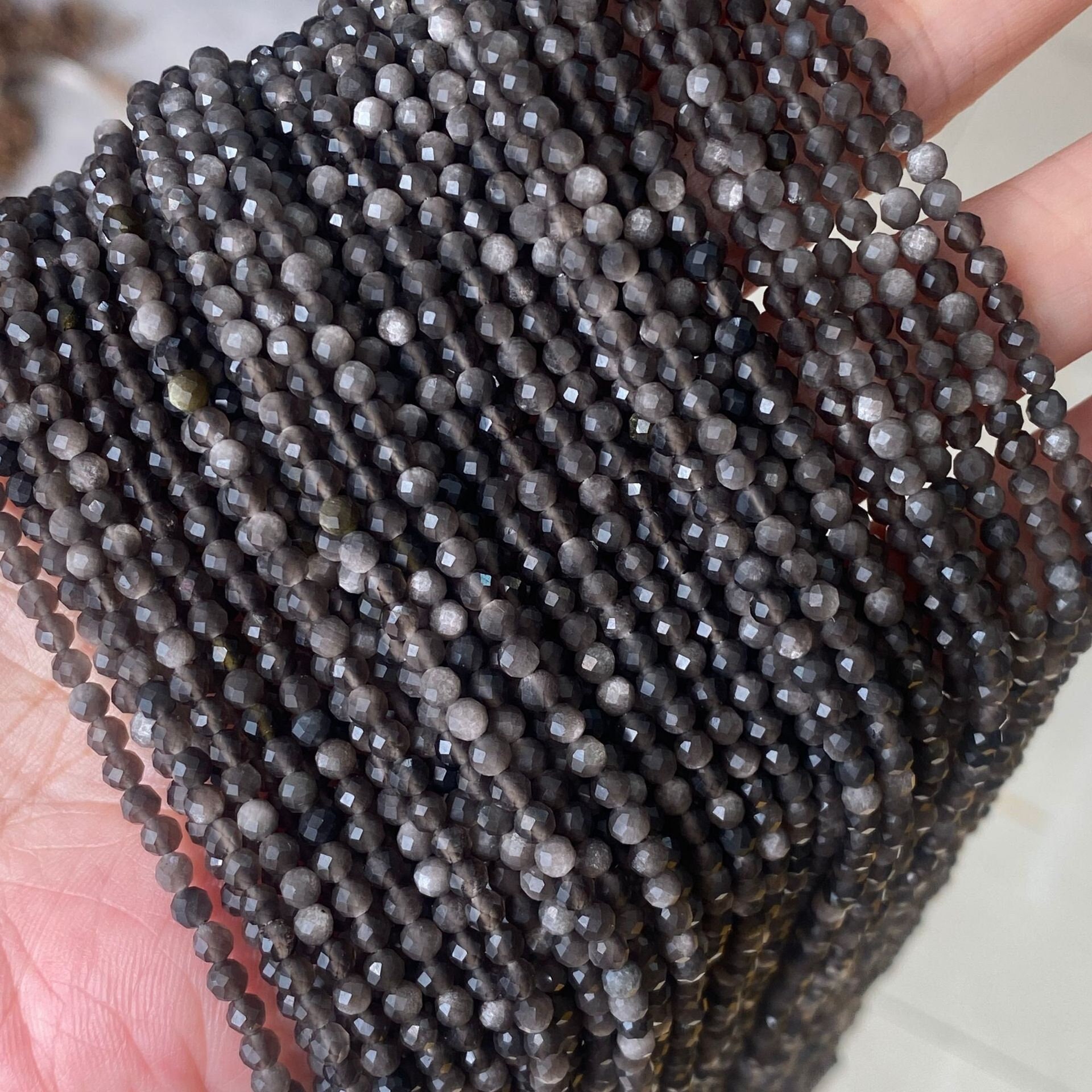 1 Full Strand 2/3/4mm Genuine Natural Loose Semi Precious Micro Round Faceted Cut Healing Silver Obsidian Gemstone Seed Stone Beads 15.5"