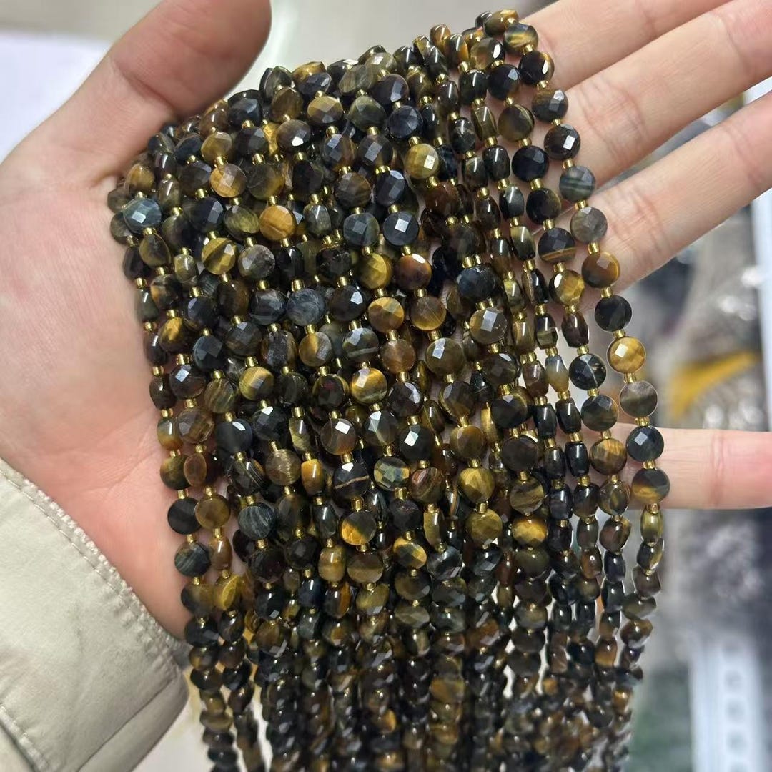石製の古代ビーズ2個 6mm 天然フラットマイクロファセットコインブルーイエロータイガーアイ