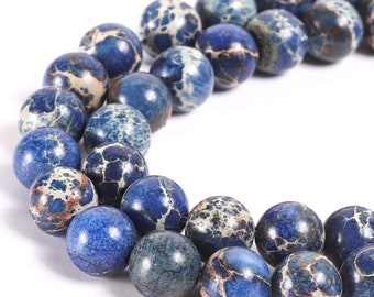1 Full Strand 15.5" Loose Round Stone Smooth Royal Blue Impression Imperial Sea Sediment Terra Jasper Gemstone Beads 4mm 6mm 8mm 10mm
