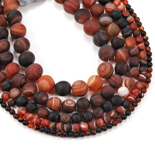 1 Full Strand 15.5" Natural Loose Round Semi Precious Matte Brown Red Banded Lace Agate Gemstone Beads for Jewelry Making 4mm 6mm 8mm 10mm
