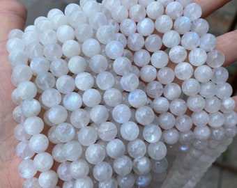 1 Full Strand 15.5" Natural Loose Genuine Round Natural Smooth Rainbow Blue Moonstone White Gemstone Beads 4mm 6mm 8mm 10mm 12mm