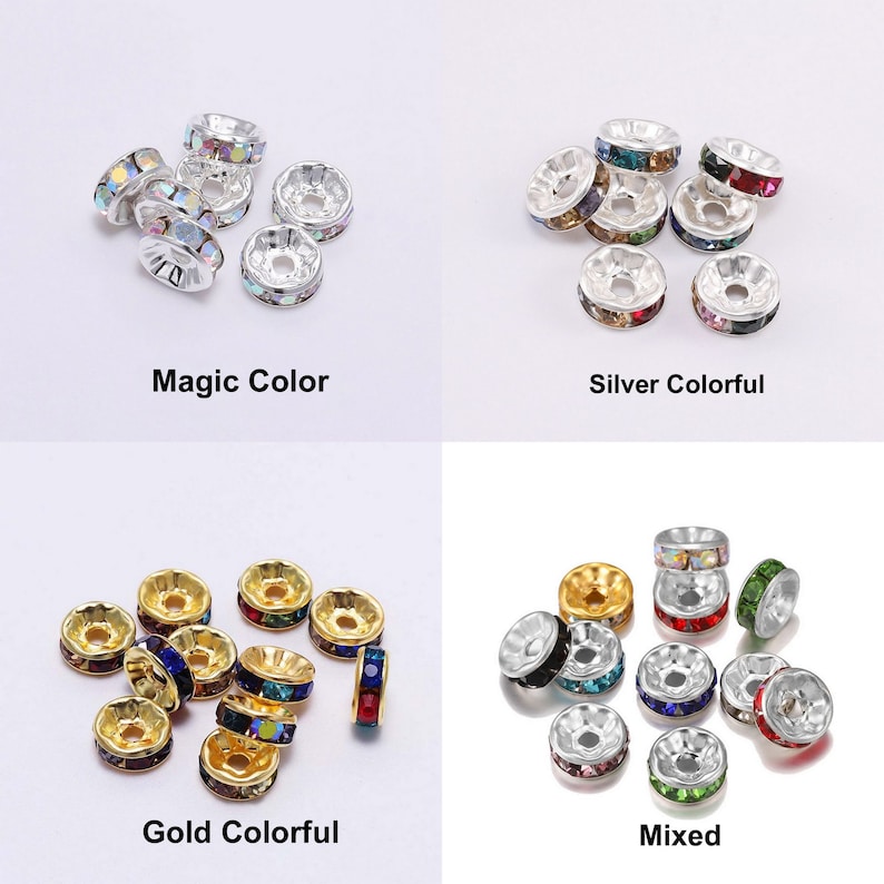 Pu&ograve; includere: Assortimento di cappucci per perline in strass colorati in argento, oro e colori misti. I cappucci per perline sono rotondi e hanno un retro piatto. Sono perfetti per aggiungere un tocco di brillantezza a gioielli e artigianato.