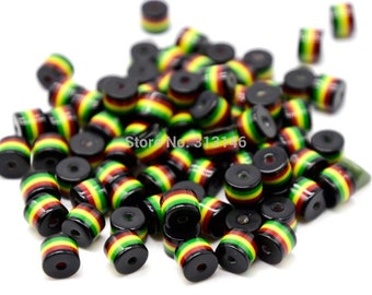 50pcs Black Loose Cylinder Cube DIY Spacer Resin Red Yellow Green Striped Jamaica Reggae Rasta Bead for Jewelry Making Accessories 8X8.5mm