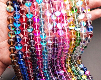 Round Smooth Polished Iridescent Glowing Flash Fiery Synthetic Mystic Aura Quartz Beads for Jewelry Making 6/8/10/12mm 15" Strand