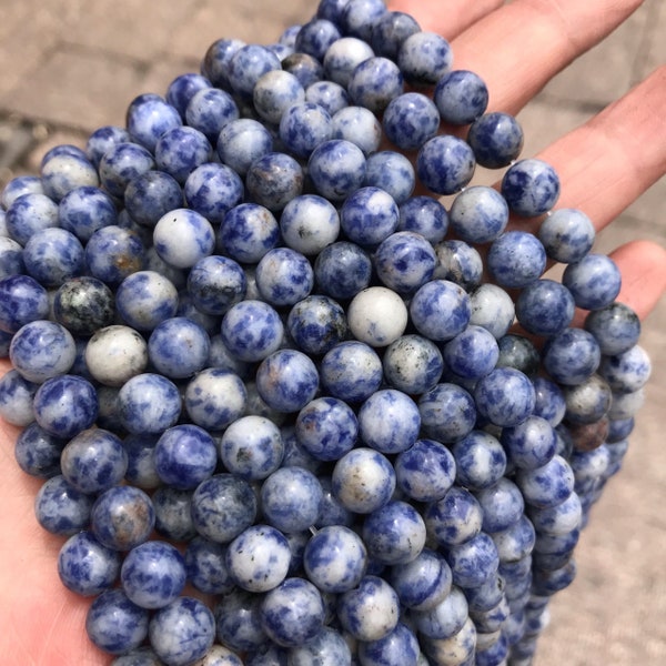 1 Full Strand 15.5" Genuine Natural Loose Round Semi Precious Smooth Blue Spot Jasper Stone Sodalite Gemstone Beads 4mm 6mm 8mm 10mm 12mm