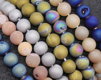 1 Full Strand Assorted Color Natural Gem Round Loose Matte Druzy Agate Stone Beads for Bracelet Necklace Jewelry Making 6mm 8mm 10mm 12mm