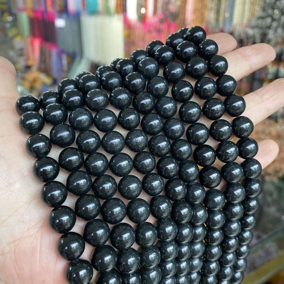 Genuine Natural Loose Round Smooth Black Russian Shungite Meditation Gemstone Beads, 15" Strand
