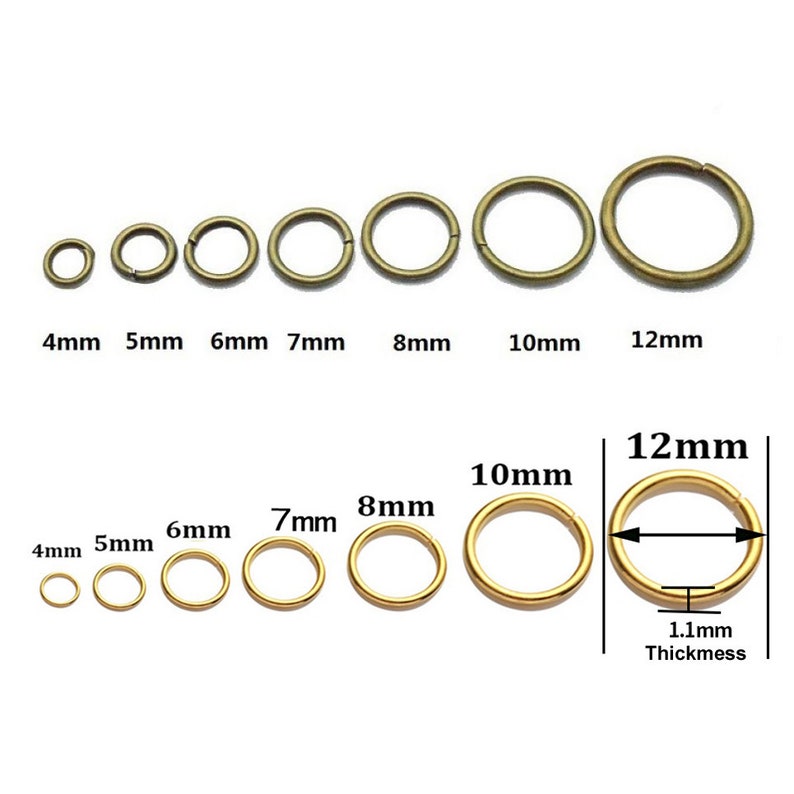 Peut inclure: Une collection de anneaux de saut en m&eacute;tal de couleur bronze, de tailles vari&eacute;es, allant de 4 mm &agrave; 12 mm de diam&egrave;tre. L'image comprend des mesures pour chaque anneau, avec une &eacute;paisseur de 1,1 mm pour l'anneau de 12 mm.