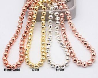 Genuine Natural Loose Round Faceted Black/Gold/Rose/KC Gold Hematite Gemstone Spacer Beads 2mm 3mm 4mm 6mm 8mm 10mm Full Strand 15&quot;
