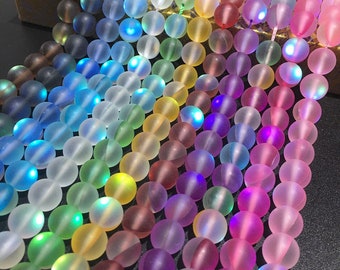 1 Full Strand 15.5" Loose Round Matte Iridescent Glowing Flash Fiery Synthetic Mystic Aura Quartz Beads for DIY Jewelry Making 6/8/10/12mm