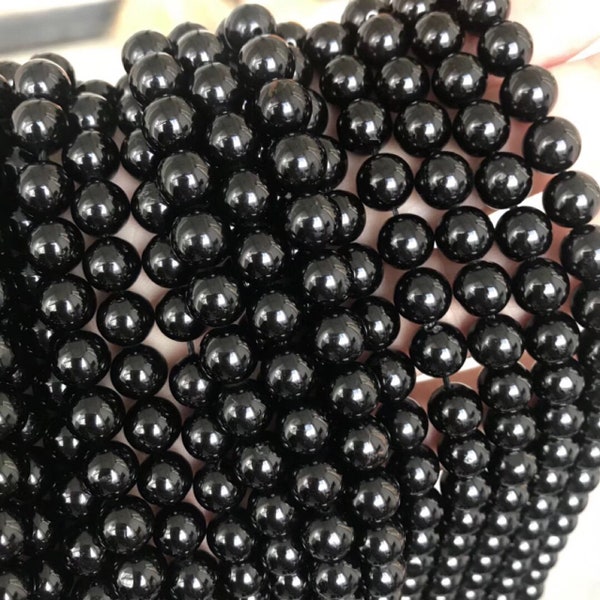 1 brin complet de 15,5 pouces, véritable naturel de qualité A, perles rondes semi-précieuses et lisses en tourmaline noire, perles de guérison