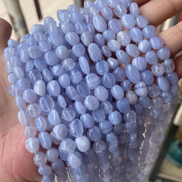 1 Full Strand Loose Irregular Semi Precious Stone Smooth Genuine Natural Pebble Nugget Blue Chalcedony Lace Agate Gemstone Beads 6mm X 8mm