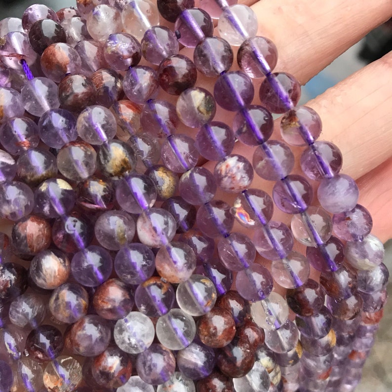 1 Full Strand 15 Genuine Natural Loose Round Healing Stone Smooth Super Seven Amethyst Cacoxinite Purple Phantom Gemstone Beads 6/8/10/12mm image 5