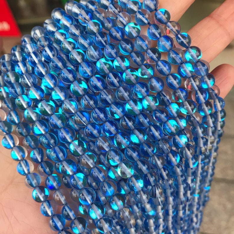 1 brin complet de 15,5 en vrac rond lisse poli irisé rougeoyant Flash Fiery Mystic Aura perles de quartz pour la fabrication de bijoux 6 mm 8 mm 10 mm 12 mm Bleu