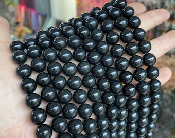 1 Full Strand 15.5" Genuine Natural Loose Round Semi Precious Smooth Black Russian Shungite Stone Healing Meditation Gemstone Beads