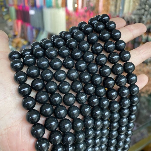 1 brin complet 15.5 "véritable naturel en vrac rond Semi précieux lisse noir russe Shungite pierre guérison méditation perles de pierres précieuses
