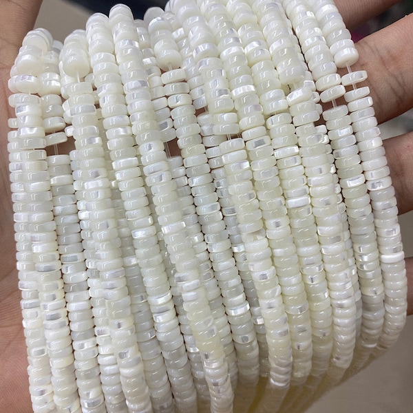 1 Full Strand 15.5" Loose Real Natural Round White Mother Of Pearl MOP Beads Tyre Shape Iridescent Shell Flat Spacer Heishi Disc Beads