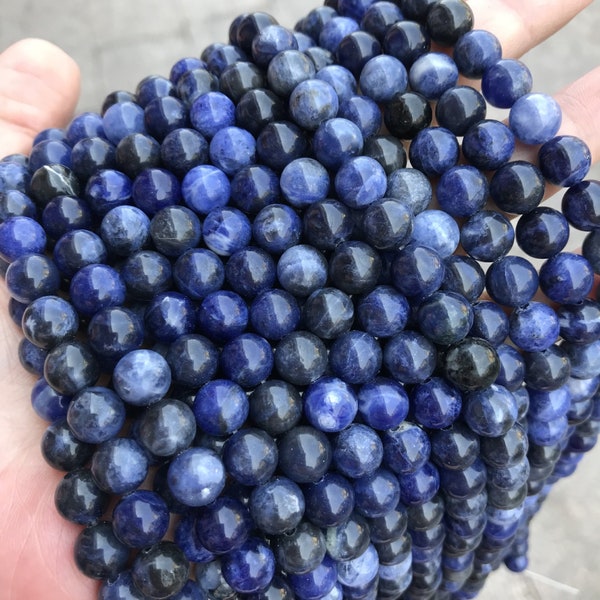 1 brin complet de 15,5 po. A, naturel, lâche, rond, semi-précieuse, véritable, bleu, sodalite, pierre, pierres précieuses, perles, 4 mm 6 mm 8 mm 10 mm 12 mm