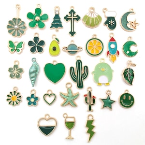 Bulk Wholesale Lot Assorted Style Multicolor Gold Enamel Charms for DIY Bracelet Necklace Handmade Jewelry Making Accessories Green (30pcs)