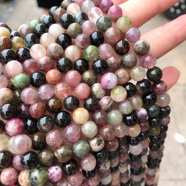 1 Full Strand 15.5" Genuine Natural A Grade Loose Round Semi Precious Smooth Colorful Tourmaline Stone Healing Gemstone Beads 4-10mm