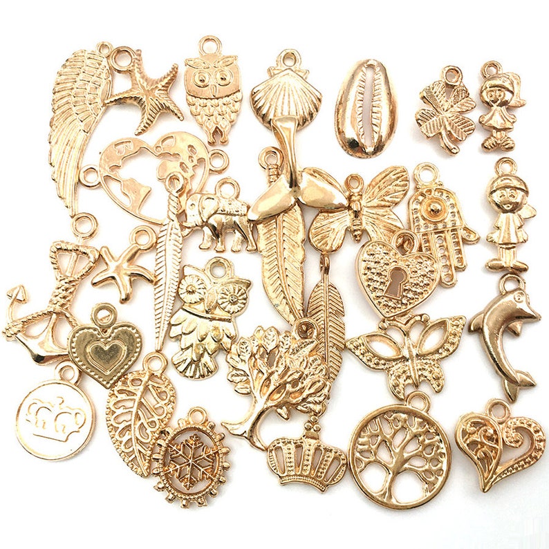 Bulk Wholesale Lot Assorted Style Multicolor Gold Enamel Charms for DIY Bracelet Necklace Handmade Jewelry Making Accessories KC Gold (50pcs)