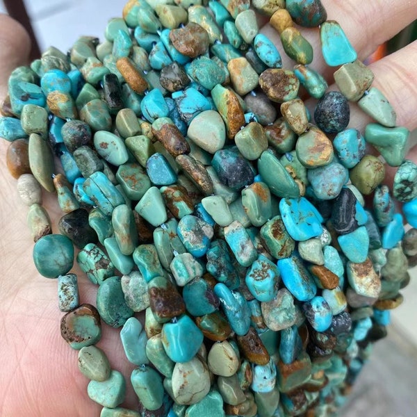 1 Full Strand Loose Irregular Stone Genuine Natural Pebble Nugget Blue Turquoise Healing Mineral Gemstone Beads for Jewelry Making 6mm X 8mm