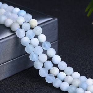 1 Full Strand 15.5&quot; Genuine Natural 3A Grade Loose Round Semi Precious Dull Stone Matte Aquamarine Healing Chakra Gemstone Beads 6mm 8mm