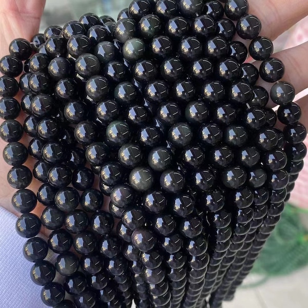 1 brin complet 15,5 "véritable pierre semi-précieuse ronde en vrac naturelle lisse perles de pierres précieuses d'obsidienne noire 4mm 6mm 8mm 10mm 12mm 14mm 16mm