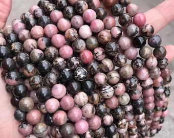 1 brin complet de 15,5 po., véritables perles rondes semi-précieuses naturelles de qualité A, en dentelle noire, rhodonite, 4 mm 6 mm 8 mm 10 mm 12 mm
