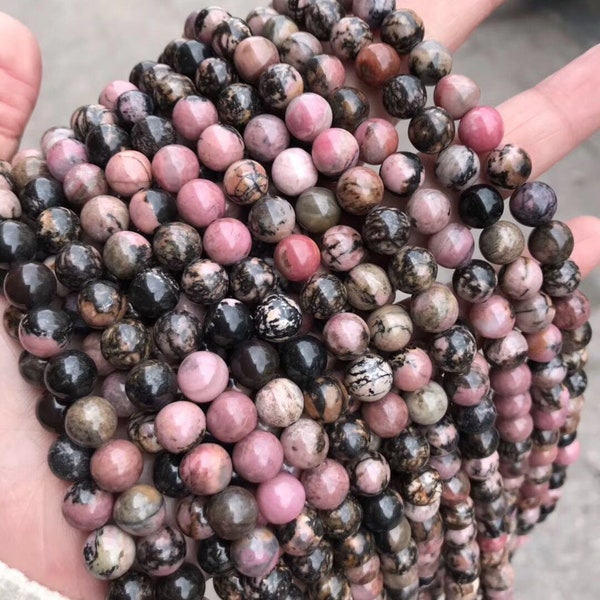 1 Full Strand 15.5" Genuine Natural A Grade Loose Round Semi Precious Smooth Black Lace Rhodonite Gemstone Beads 4mm 6mm 8mm 10mm 12mm