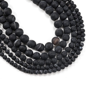 1 Full Strand 15.5" Natural Loose Round Semi Precious Matte Black Banded Lace Agate Gemstone Beads for DIY Jewelry Making 4mm 6mm 8mm 10mm