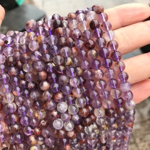 1 Full Strand 15 Genuine Natural Loose Round Healing Stone Smooth Super Seven Amethyst Cacoxinite Purple Phantom Gemstone Beads 6/8/10/12mm image 3