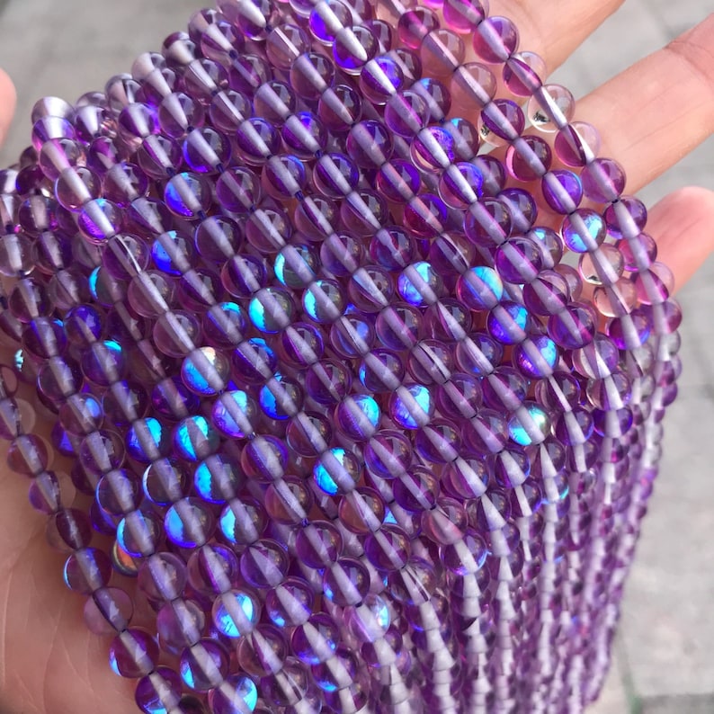 1 brin complet de 15,5 en vrac rond lisse poli irisé rougeoyant Flash Fiery Mystic Aura perles de quartz pour la fabrication de bijoux 6 mm 8 mm 10 mm 12 mm Violet