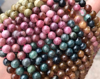 Genuine Natural A+ Grade Loose Round Semi Precious Smooth Rainbow Tourmaline Stone Healing Gemstone Beads 4/6/8/10mm Full Strand 15"
