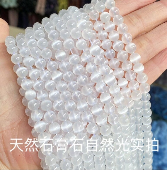 Genuine Natural 5A Grade White Cat Eye Real Selenite Loose Round Healing Stone Smooth Gemstone Beads 6mm 8mm 10mm 12mm Full Strand 15"