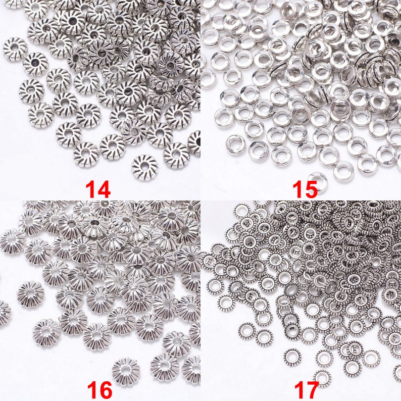 Bulk You Pick stile assortito 100 pezzi rondelle in argento tibetano antico sciolto rotondo margherita ciambella distanziatore perline in metallo per creazione di gioielli fai da te immagine 7