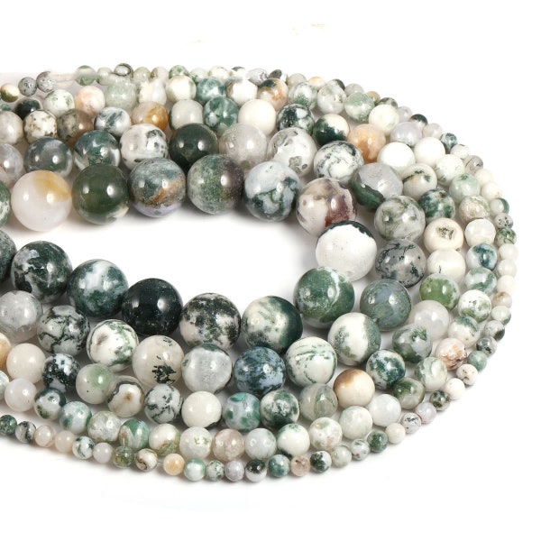 1 Full Strand 15.5" Genuine Natural Loose Round Semi Precious Stone Smooth Green White Tree Agate Gemstone Beads 4mm 6mm 8mm 10mm 12mm