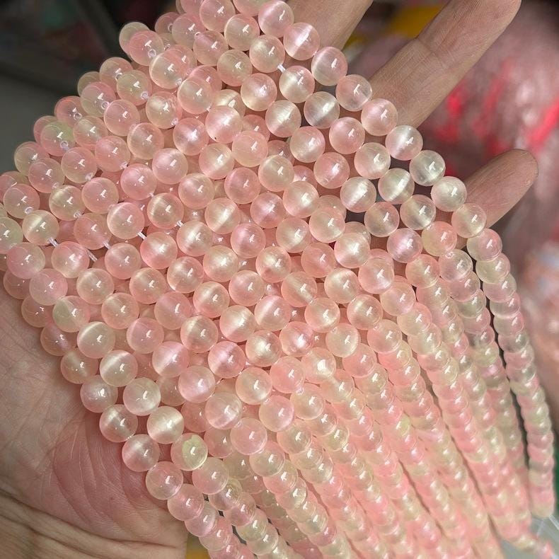 Peach Color Cat Eye Genuine Natural Chatoyancy Selenite Beads, Round ...