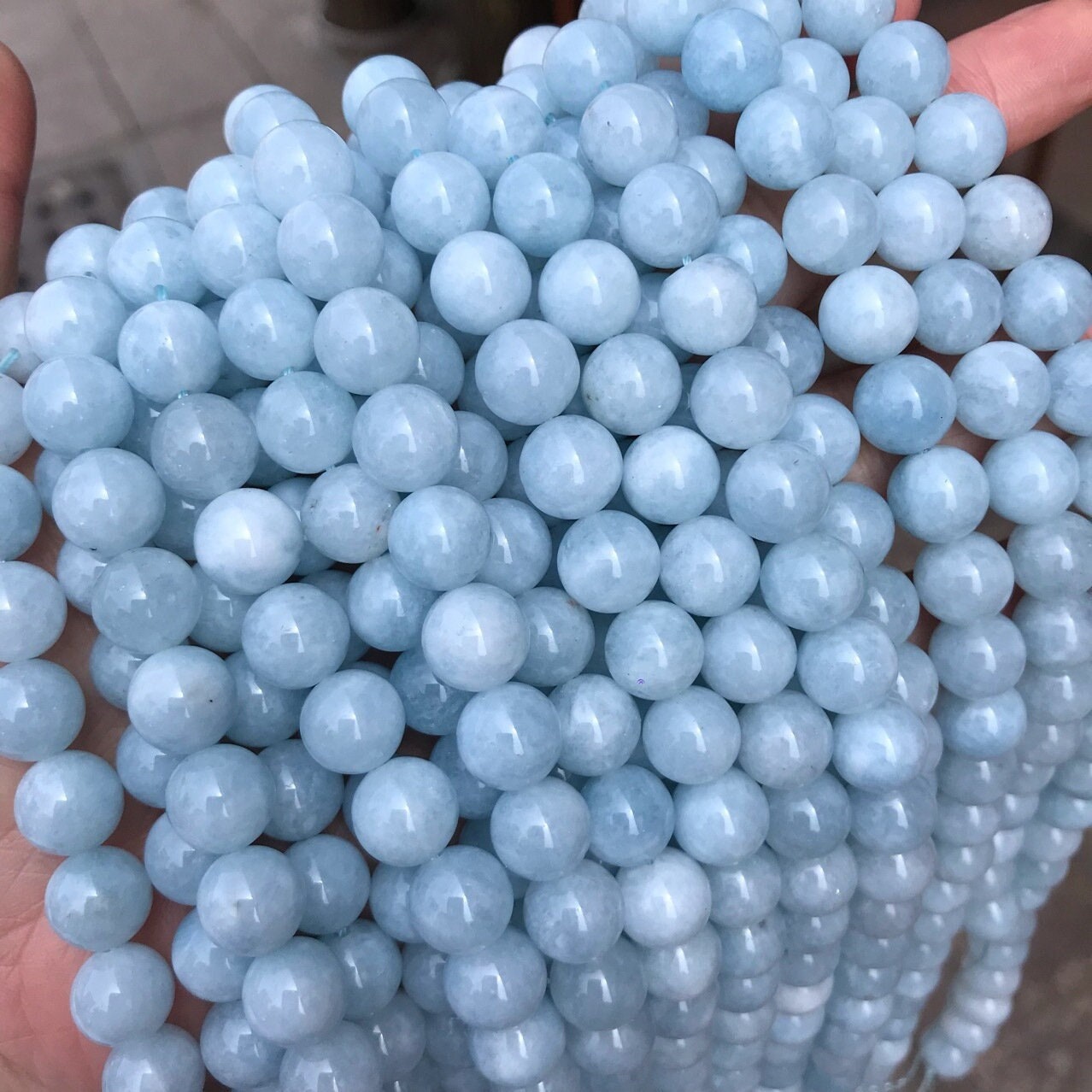1 Full Strand 15" Loose Round Stone Smooth Light Aqua Blue Color Aquamarine Gemstone Beads for DIY Jewelry Making 4mm 6mm 8mm 10mm 12mm
