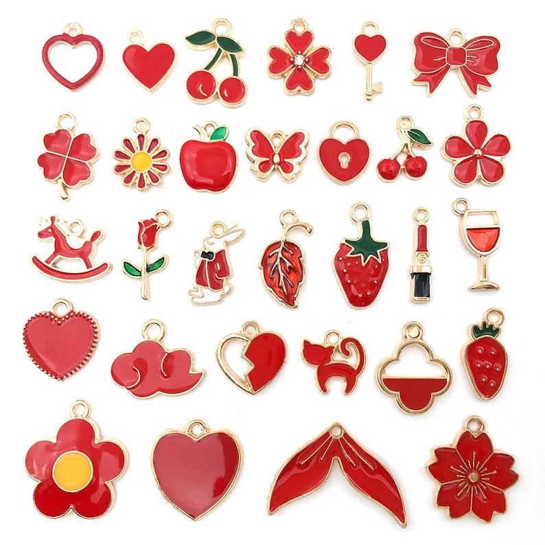 Venta al por mayor a granel, lote de dijes de esmalte de oro Multicolor de estilo surtido para pulsera DIY, collar, accesorios hechos a mano para hacer joyas Red (30pcs)